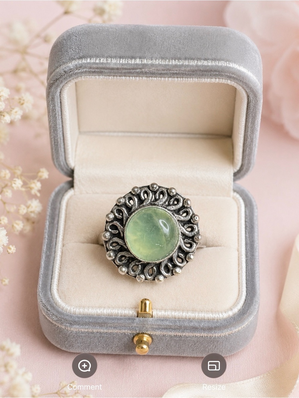 Ring Prehite Healing Green Gemstone Silver Ornate Frame